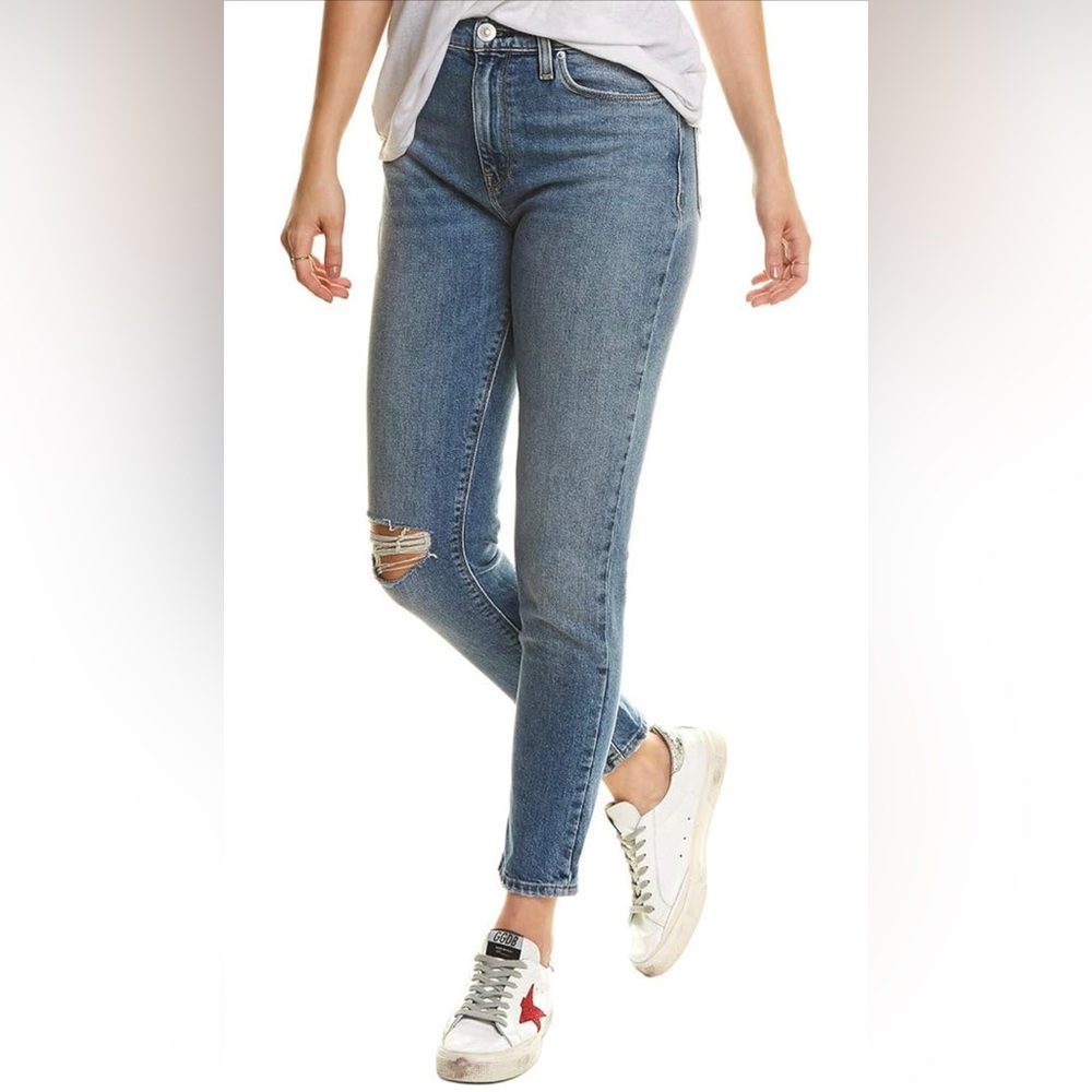 Hudson Denim Bettie Taper Jeans Distressed Destructed Cotton Medium Blue Cropped